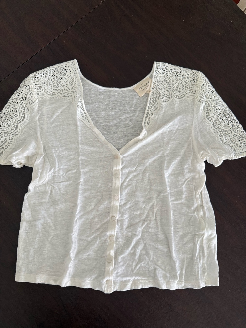Sezane Lana White Lace-Sleeve Button Down Top